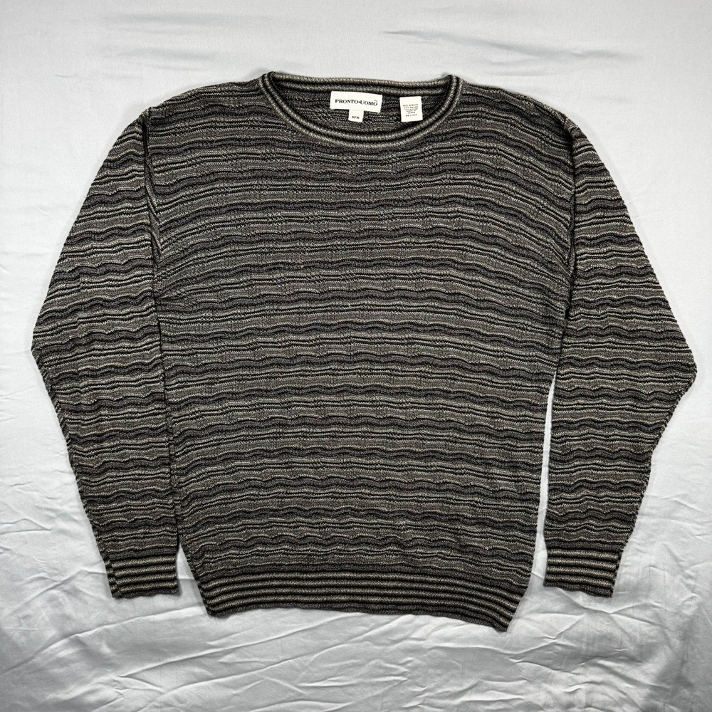 Pronto Uomo Mens M Striped Knitted Crew Neck Sweater Brown Grey Dad Classic‎